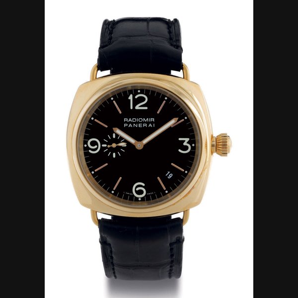 PANERAI. A LIMITED EDITION 18K PINK GOLD CUSHION AUTOMATIC DIVER'S WRISTWATCH WITH DATE AND ECCENTRIC SECONDS SIGNED OFFICINE PANERAI, RADIOMIR, NO. D073/300, NO. BB1031157, CASE NO. OP 6564, CIRCA 2001