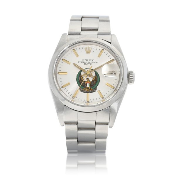 Rolex Oyster Date, Reference 1500 | A stainless steel wristwatch with UAE Coat of Arms dial, date and bracelet, Circa 1979 | 勞力士 Oyster Date 型號1500|  精鋼鏈帶腕錶，備 UAE Coat of Arms 錶盤及日期顯示，約1979年製 · 1500