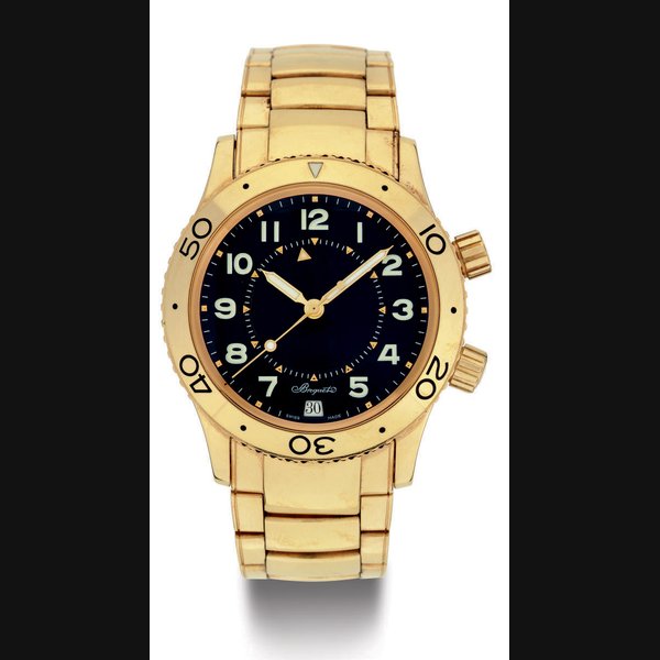 BREGUET. AN 18K GOLD AUTOMATIC WRISTWATCH WITH, DATE, CENTER SECONDS, ALARM AND BRACELET SIGNED BREGUET, TYPE XX, TRANSATLANTIQUE, NO. 60439, REF. 3860, CIRCA 2001