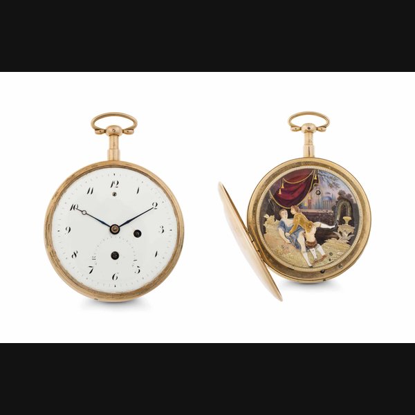 Anonymous. An 18k Pink Gold Openface Quarter Repeating Keywound Watch with Up and Down Indication and Later Hidden Enamel Erotic Automaton UNSIGNED, EARLY 19TH CENTURY