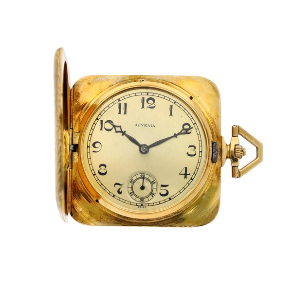 Juvenia A yellow gold square shaped hunting case watch, Circa 1930