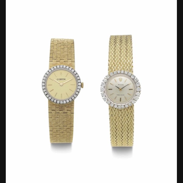 Rolex and Corum. A Lot of Two Lady's 18k Gold and Diamond-set Bracelet Watches THE FIRST SIGNED ROLEX, PRECISION, CASE NO. J384, REF NO. 2637, THE SECOND SIGNED CORUM, CASE NO. 160'441, BOTH CIRCA 1960S