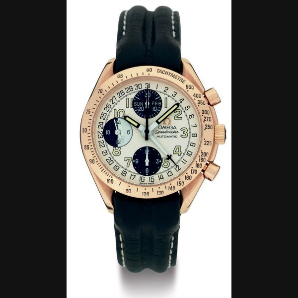 Omega OMEGA. AN 18K PINK GOLD AUTOMATIC TRIPLE CALENDAR CHRONOGRAPH WRISTWATCH WITH 24 HOUR INDICATION SIGNED OMEGA, SPEEDMASTER, AUTOMATIC, CASE NO. 57146649, CIRCA 2000