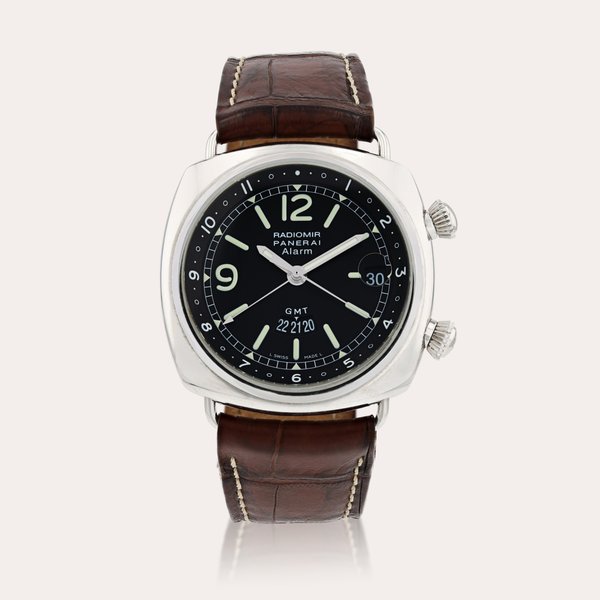 Panerai Radiomir GMT Alarm, PAM00098, limited edition    Montre bracelet en acier avec alarme, double fuseau horaire et date |  Stainless steel wristwatch with alarm, dual time zone and date    Vers 2001 |  Circa 2001, Price & Market Data