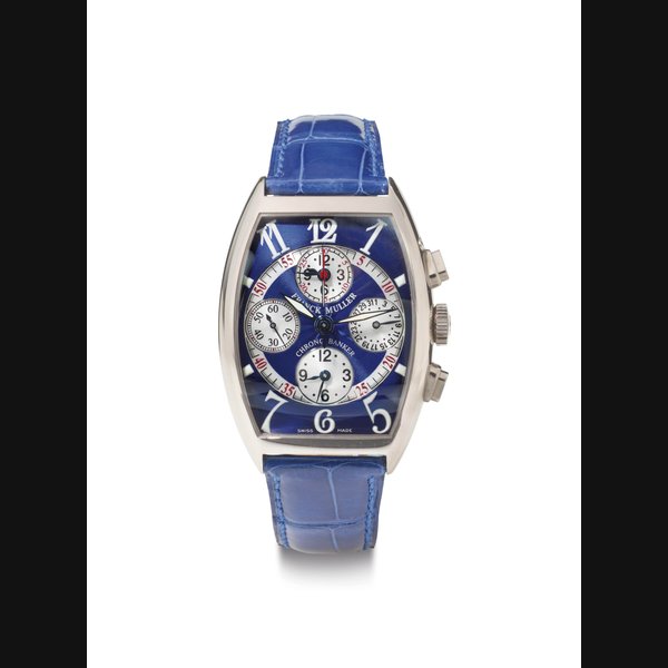 Franck Muller. An 18k White Gold Triple Time Chronograph Wristwatch with Date SIGNED FRANCK MULLER, GENÈVE, CHRONO BANKER, NO. 66, REF. 7850 CC MB, CIRCA 2002