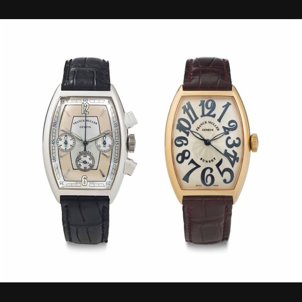 Franck Muller. A Lot of Two Gold Wristwatches BOTH SIGNED FRANCK MULLER, THE FIRST NO. 37, REF. NO. 5850 CC HV AT, HAVANA MODEL, THE SECOND NO. 146, REF. NO. 5850 SC, SUNSET MODEL, BOTH CIRCA 2005
