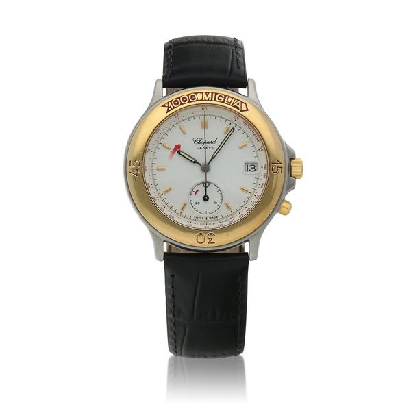 Chopard Mille Miglia, Ref 8142  Stainless steel and yellow gold single pusher chronograph wristwatch with date  Circa 1989