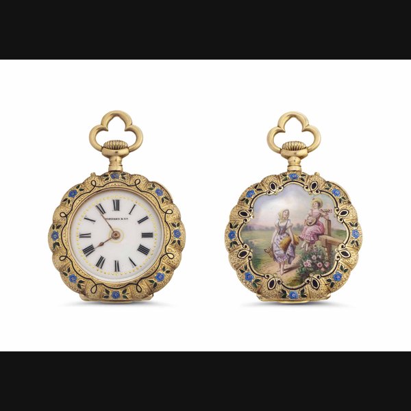 Tiffany & Co. An Fine and Rare 18k Gold and Enamel Openface Keyless Lever Pendent Watch SIGNED TIFFANY & CO., MOVEMENT AND CASE NO. 71'905, LATE 19TH CENTURY