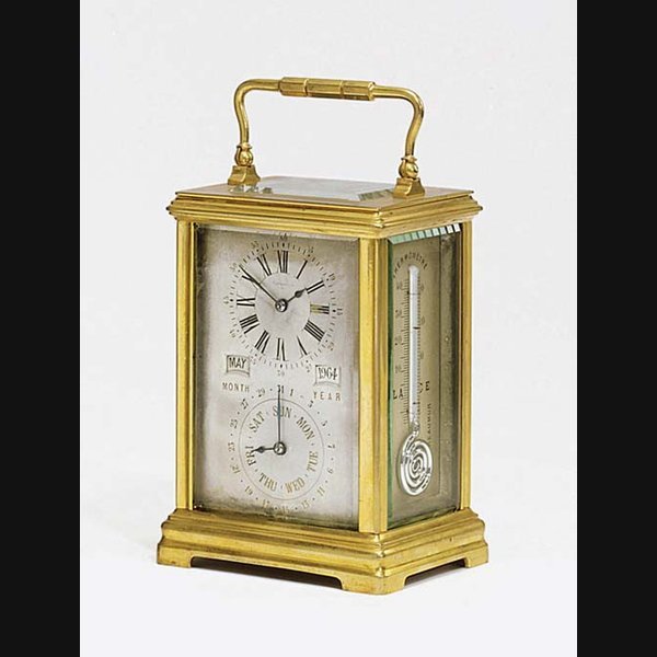 An unusual French brass eight day timepiece carriage clock with full calendar and twin thermometers B, NO.3062. EARLY 20TH CENTURY
