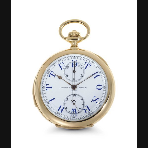 Vacheron Constantin Vacheron Constantin. A Fine, Rare and Unique 18k Gold Minute Repeating Openface Keyless Lever Chronograph Pocket Watch With Personalized Dial SIGNED VACHERON CONSTANTIN, GENEVE, MOVEMENT NO. 370'993, CASE NO. 229'195, MANUFACTURED IN 1914
