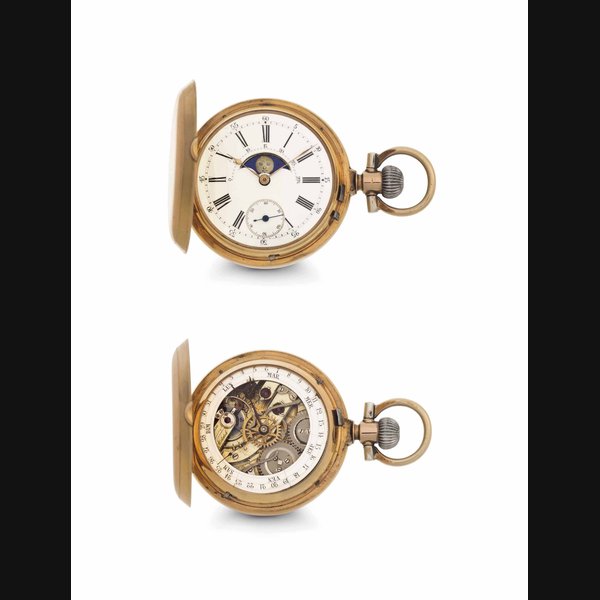 Anonymous. An 18k Pink Gold Hunter Case Double Dial Calendar Keyless Lever Watch with Moon Phases UNSIGNED, CASE NOS. 16'633 AND 8722, CIRCA 1910