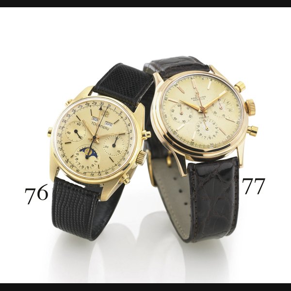 TOURNEAU. AN 18K GOLD TRIPLE CALENDAR CHRONOGRAPH WRISTWATCH WITH MOON PHASES SIGNED TOURNEAU WATCH CO., CIRCA 1960