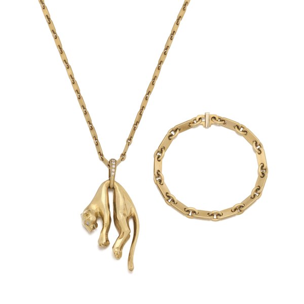 Cartier Gold and diamond pendant, 'Panthère' and a gold bracelet, Cartier, and a chain
