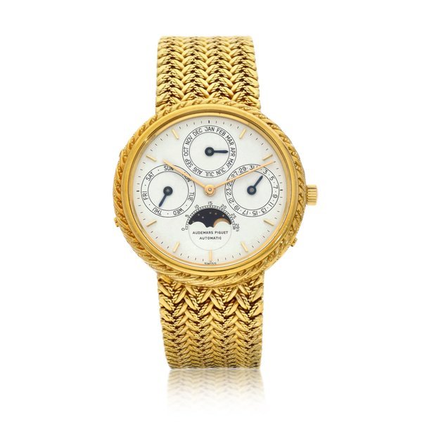 Audemars Piguet Quantieme Perpetuel Automatique | A yellow gold perpetual calendar bracelet watch with moon phases, Circa 1990 | 愛彼 Quantieme Perpetuel Automatique | 黃金萬年曆鏈帶腕錶，備月相顯示，約1990年製
