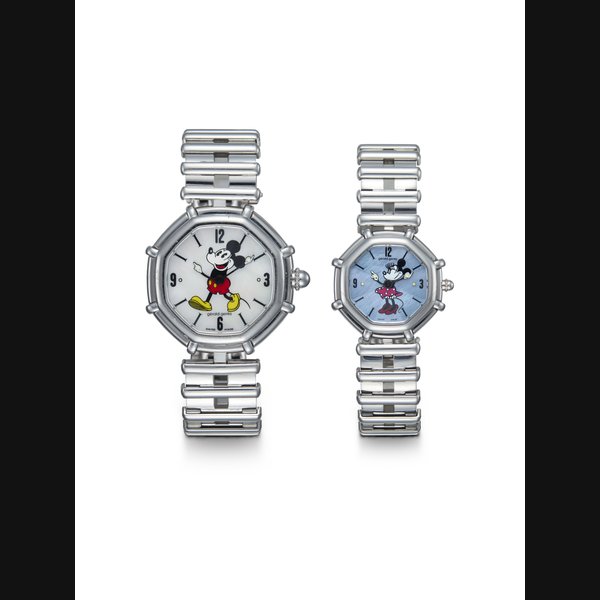 GERALD GENTA, A SET OF TWO (HIS AND HERS) OCTAGONAL STAINLESS STEEL WRISTWATCHES WITH MOTHER OF PEARL DIALS FEATURING MINNIE AND MICKEY MOUSE CASE NUMBERS: Ref. 3487.7 Mickey Mouse - 70’678 and Ref. G.3491.7 Minnie Mouse - 66’932