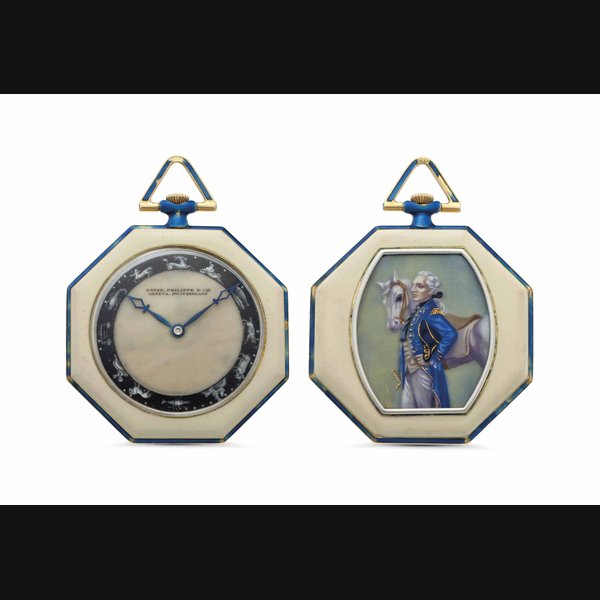 Patek Philippe. A Fine , Very Rare and Possibly Unique 18k Gold, Platinum and Enamel Zodiac Openface Keyless Lever Octagonal-Shaped Pocket Watch SIGNED PATEK PHILIPPE & CIE, GENÈVE, SWITZERLAND, MOVEMENT NO. 187'744, CASE NO. 600'211, MANUFACTURED IN 1916