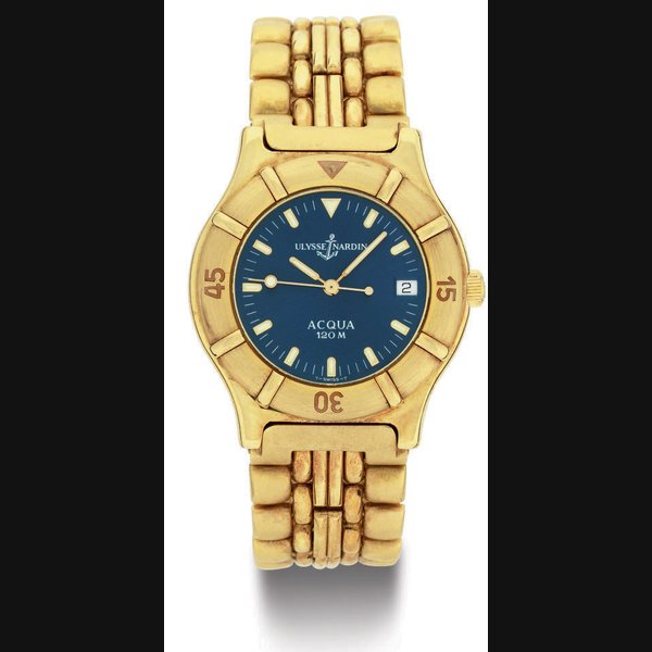 ULYSSE NARDIN. AN 18K GOLD AUTOMATIC WRISTWATCH WITH BRACELET, CENTER SECONDS AND DATE SIGNED ULYSSE NARDIN, ACQUA 120M, NO. 3253, REF. 161-24, CIRCA 1980