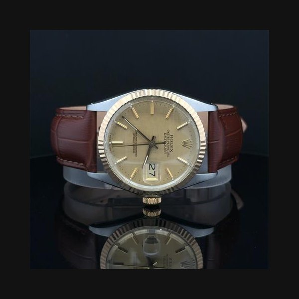 Rolex Datejust1987 Datejust 36 Champagne Linen Stick Dial on Generic brown leather strap Bracelet 16013 Champagne Linen Dial | Fluted Bezel | Two-Tone | Cal. 3035