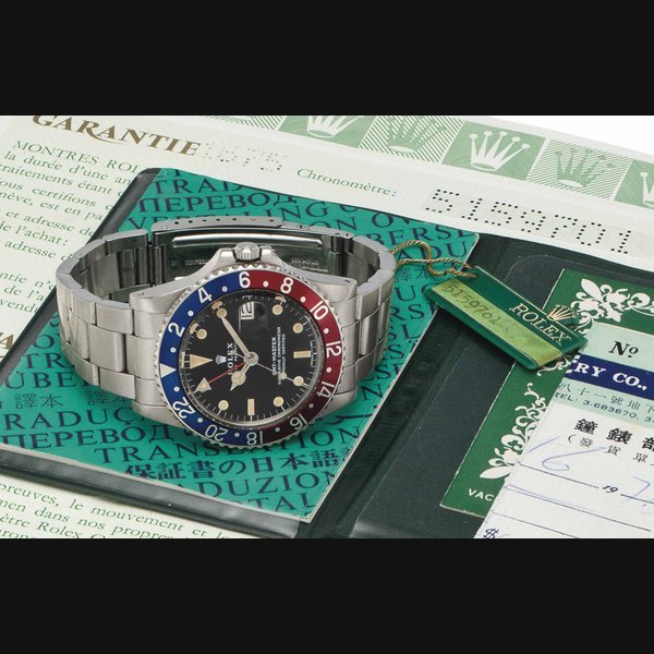 Rolex Rolex. A Fine and Rare Stainless Steel Automatic Dual Time Wristwatch Date, Center Seconds and Original Certificate SIGNED ROLEX, OYSTER PERPETUAL, GMT-MASTER, REF. 1675, CASE NO. 5'159'701, CIRCA 1978 · 1675