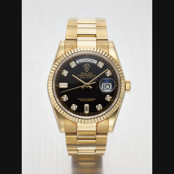 ROLEX. AN ATTRACTIVE 18K GOLD AND DIAMOND-SET AUTOMATIC WRISTWATCH WITH SWEEP CENTRE SECONDS, DAY, DATE AND BRACELET SIGNED ROLEX, DAY-DATE MODEL, REF. 118238, CASE NO. G826098, CIRCA 2010