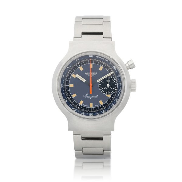 Longines Conquest, Reference 8614 | A stainless steel single button chronograph wristwatch with bracelet, Made for the Munich Olympic Games, Circa 1972 | 浪琴 | Conquest 型號8614 | 精鋼單按鈕計時鏈帶腕錶，為慕尼黑奧運而製，約1972年製 · 8614