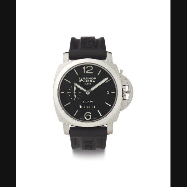 Panerai. A Limited Edition Oversized Stainless Steel Cushion-Shaped Dual Time Wristwatch with 8-Day Power Reserve and Date SIGNED OFFICINE PANERAI, LUMINOR GMT 8 DAYS, NO. L0817/1000, REF. OP 6660, MOVEMENT NO. 016007, CASE NO. BB1346223, PAM00233, CIRCA 2009