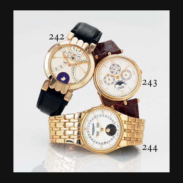 Jaeger-Lecoultre JAEGER-LECOULTRE. AN 18K GOLD OVAL AUTOMATIC TRIPLE CALENDAR WRISTWATCH WITH MOON PHASES SIGNED JAEGER-LECOULTRE, "ALBATROS", CASE NO. 1682506, REF. 121.302.1, CIRCA 1990