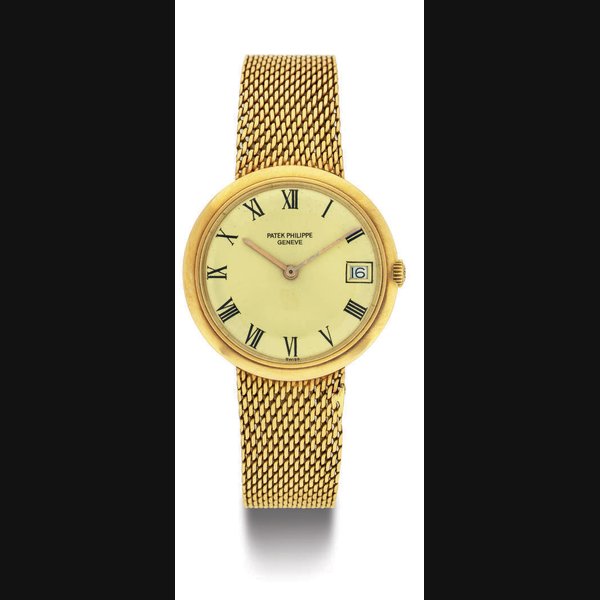 PATEK PHILIPPE. AN 18K GOLD AUTOMATIC BRACELET WATCH WITH DATE SIGNED PATEK PHILIPPE, GENEVE, IOS, MOVEMENT NO. 1128891, CASE NO. 2674279, REF. 3565/1, MANUFACTURED IN 1969