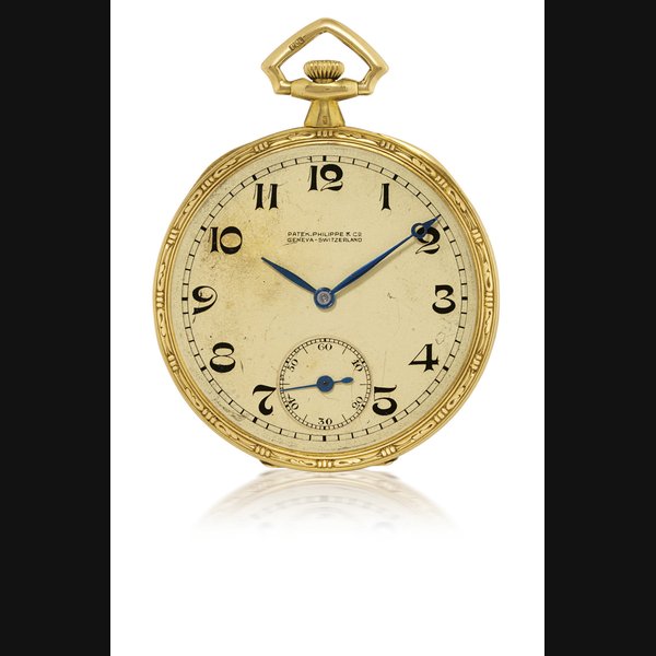 PATEK PHILIPPE YELLOW GOLD AND ENAMEL OPENFACE KEYLESS LEVER POCKET WATCH MOVEMENT 191879, CASE 405670, RETAILED BY E. HERTZBERG JEWELRY CO, SAN ANTONIO, TEXAS, MANUFACTURED IN 1919