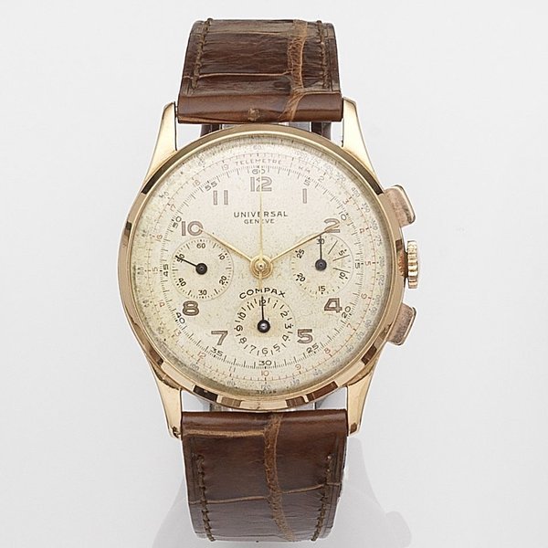 Universal. An 18k gold manual wind chronograph wristwatch Compax, Ref:12294, Case No.1409830, Movement No.266667, Circa 1949 · 12294