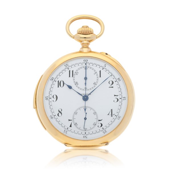 Longines Yellow gold open-faced minute repeating chronograph watch with enamel dial Circa 1910 | 浪琴 黃金三問計時懷錶配琺瑯錶盤，年份約1910