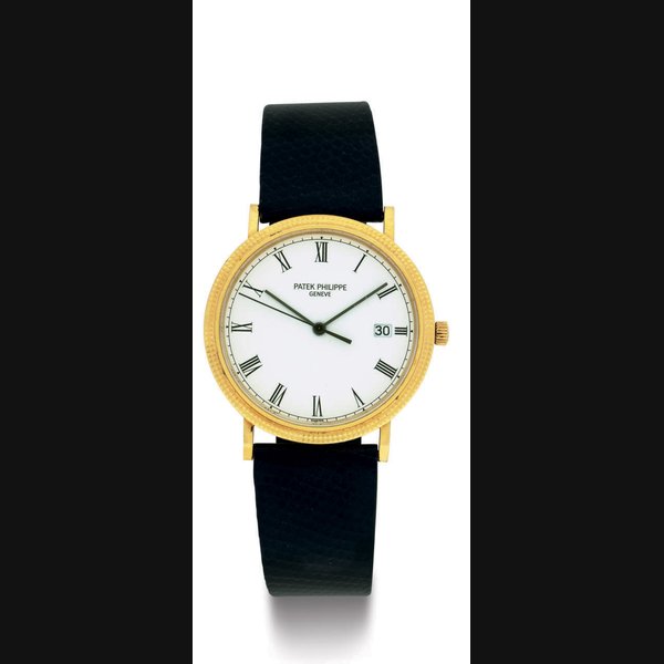 PATEK PHILIPPE. AN 18K GOLD WRISTWATCH WITH DATE AND CENTER SECONDS SIGNED PATEK PHILIPPE, GENEVE, MOVEMENT NO. 1552591, CASE NO. 2846353, REF. 3944, MANUFACTURED IN 1986