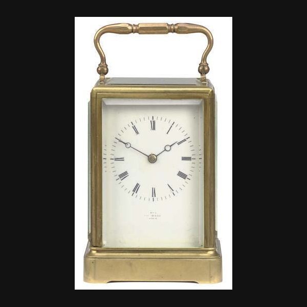 A French brass striking eight day carriage clock JAPY FRÈRES & HENRY MARC, NO. 37638. CIRCA 1840