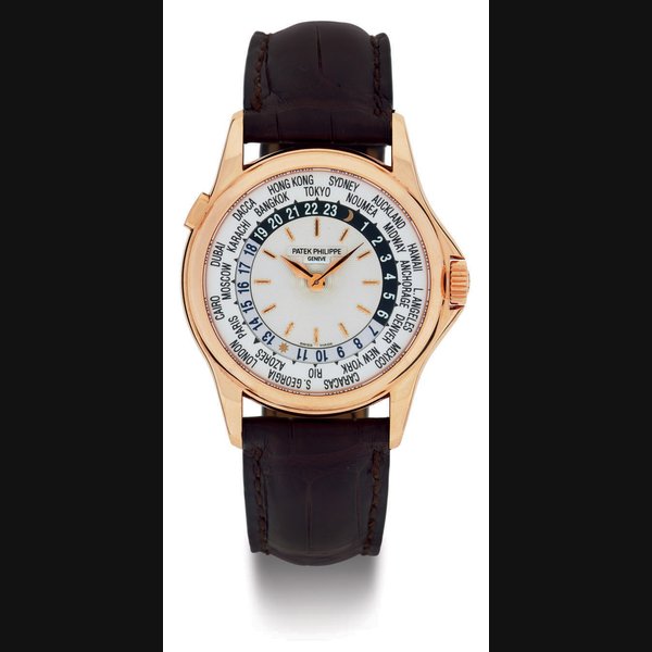 PATEK PHILIPPE. A FINE 18K PINK GOLD AUTOMATIC WORLD TIME WRISTWATCH SIGNED PATEK PHILIPPE, GENEVE, MOVEMENT NO. 3206869, CASE NO. 4112602, REF. 5110, MANUFACTURED IN 2001