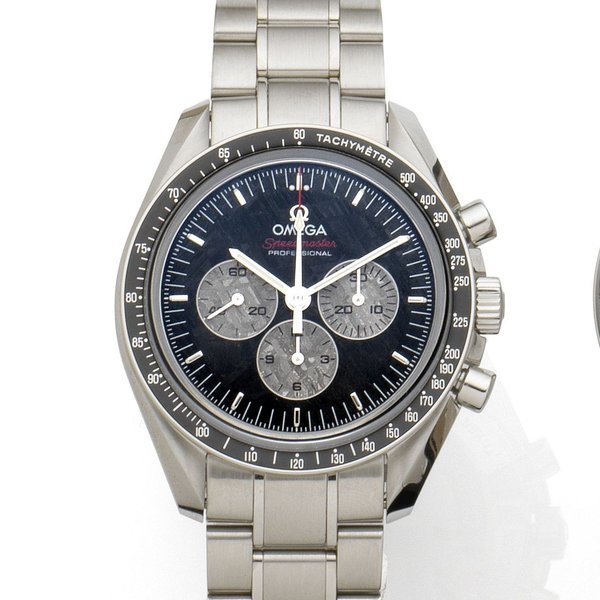 Omega Omega. A stainless steel manual wind chronograph bracelet watch with meteorite dial Speedmaster Apollo Soyuz, No.1933/1975, Case No.77754415, Sold 25th February 2011
