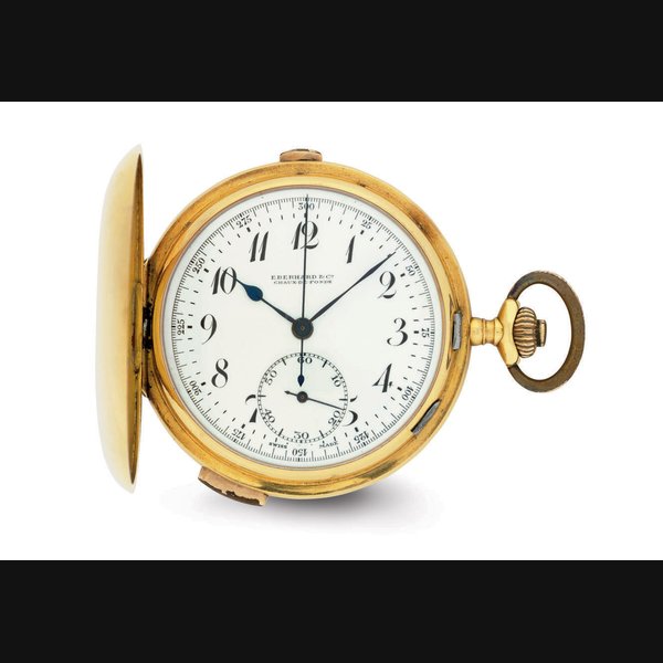EBERHARD. AN 18K GOLD QUARTER REPEATING CHRONOGRAPH KEYLESS LEVER HUNTER CASE WATCH SIGNED EBERHARD & CO., CHAUX DE FOND, CASE NO. 157925, CIRCA 1910