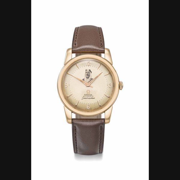 Omega. A fine 18K pink gold automatic wristwatch with centre seconds and two-toned dial depicting the portrait of King Ibn Saud Signed Omega, Automatic, Seamaster, ref. 177908, movement no. 15’184’129, case no. 2846-2848 2909SC, manufactured in 1957