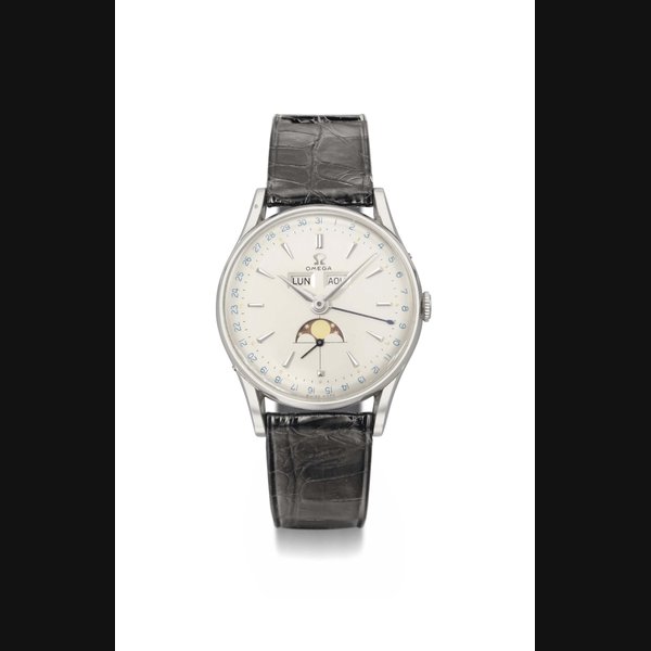 Omega. A stainless steel triple calendar wristwatch with moon phases SIGNED OMEGA, COSMIC MODEL, REF. 2471/1, MOVEMENT NO. 10'930'645, MANUFACTURED IN 1948
