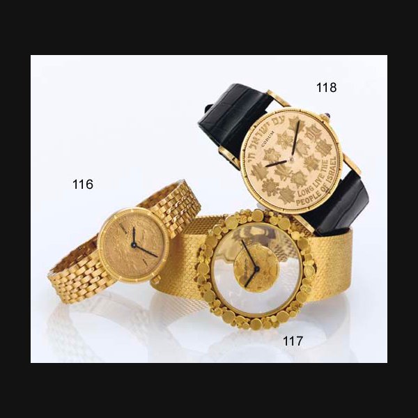 CORUM. A RARE AND UNUSUAL 18K GOLD COMMEMORATIVE COIN WRISTWATCH SIGNED CORUM, MOVEMENT NO. 90430, CASE NO. 121327, CELEBRATING THE ANNIVERSARY OF THE FOUNDATION OF THE STATE OF ISRAEL, CIRCA 1973