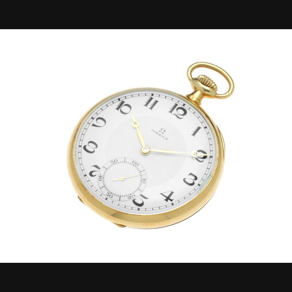 Omega. An 18K gold keyless wind open face pocket watch