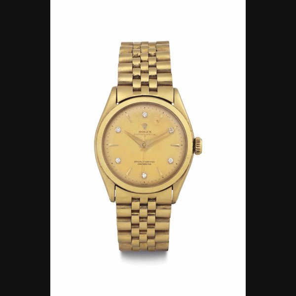 Rolex Rolex. An 18k Gold and Diamond-set Wristwatch with Bracelet SIGNED ROLEX, OYSTER PERPETUAL, OFFICIALLY CERTIFIED CHRONOMETER, REF. 6084, CASE NO. 858'714, CIRCA 1953