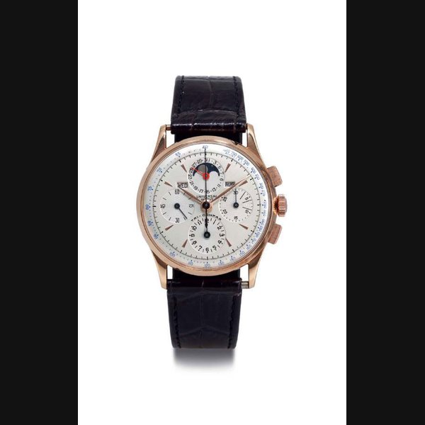 UNIVERSAL. AN 18K PINK GOLD TRIPLE CALENDAR CHRONOGRAPH WRISTWATCH WITH MOON PHASES SIGNED UNIVERSAL, GENEVE, TRI-COMPAX, CASE NOS. 1446976 AND 12295, CIRCA 1950