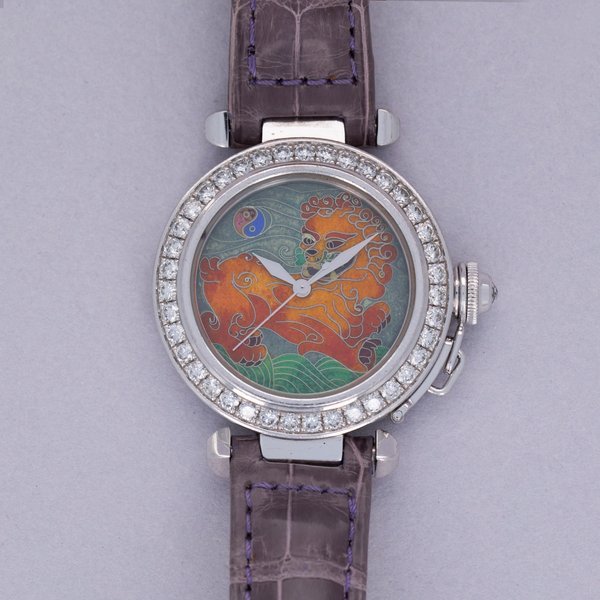 Cartier Cartier Pasha 2508 Cloisonne Imperial Guardian Lion Dial Diamond Bezel 18k WG