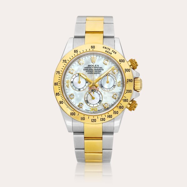 Rolex Cosmograph Daytona, Reference 116523 | A yellow gold, stainless steel and diamond-set chronograph wristwatch with bracelet and mother-of-pearl dial, Circa 2014 | 勞力士 | Cosmograph Daytona 型號116523 | 黃金及精鋼鑲鑽石計時鏈帶腕錶，備珠母貝錶盤，約2014年製 · 116523