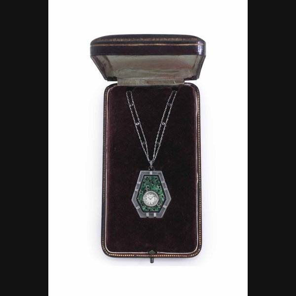 Jaeger-Lecoultre Jaeger-LeCoultre. A Fine 18k White Gold, Jadiete, Enamel , Rock-Crystal and Diamond-set Keyless Lever Pendant watch with Presentation Box SIGNED JAEGER-LECOULTRE, CASE NO. 846'700A, MANUFACTURED IN 1961
