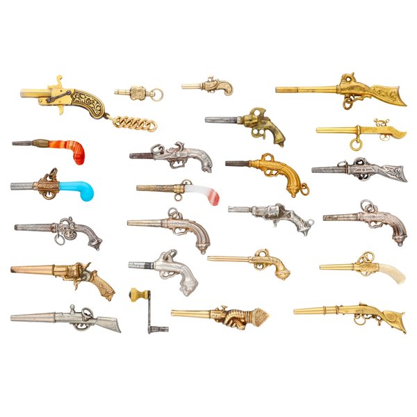 Anon A group of 22 mixed metal watch keys in the form of firearms including two with hardstone handles, one with turquoise handle and one with ivory handle together with two further keys 19th century