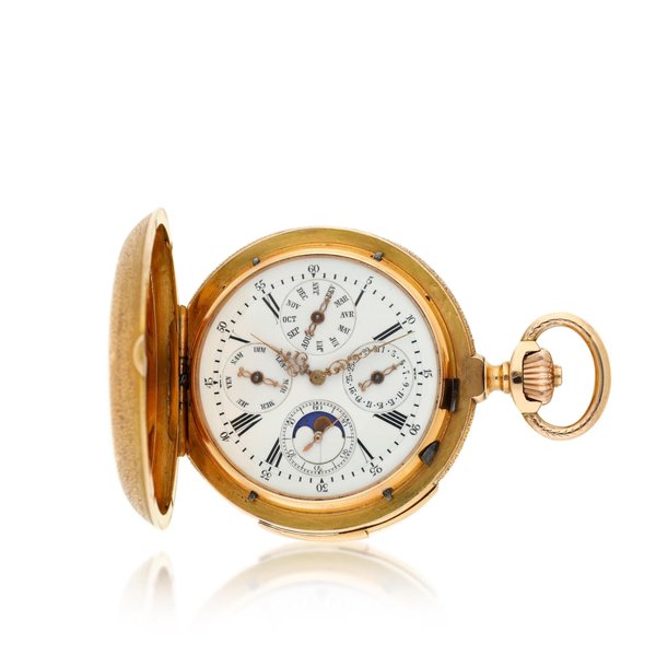 B. Haas Jeune & Cie. A yellow gold annual calendar minute repeating hunting cased watch, Circa 1900