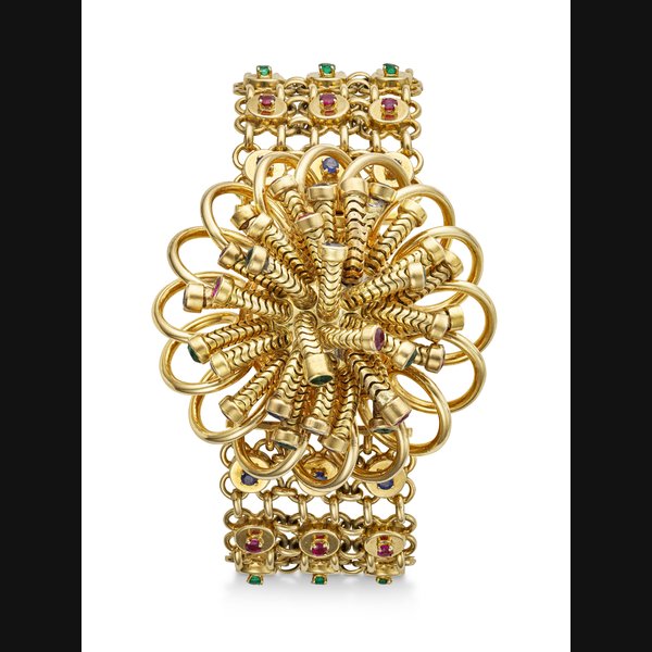 GÜBELIN, LADY'S YELLOW GOLD AND MULTI-COLOUR GEMSTONE-SET BRACELET WATCH WITH “SECRET” DIAL CASE NO: 134'464