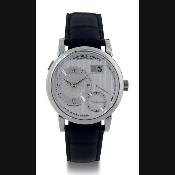 A. LANGE AND SÖHNE. A FINE PLATINUM WRISTWATCH WITH OVERSIZED DATE AND POWER RESERVE SIGNED A. LANGE & SÖHNE, GLASHÜTTE I/SA, LANGE 1, DOPPELFEDHAUS, MOVEMENT NO. 35774, CASE NO. 148404, CIRCA 2007