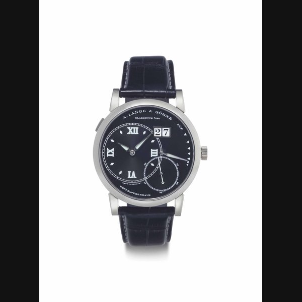 A. Lange & Söhne. A Fine and Large 18k White Gold Twin Barrel Wristwatch with Oversized Date and Power Reserve SIGNED A. LANGE & SÖHNE, GLASHÜTTE I/SA, DOPPELFEDERHAUS, GRANDE LANGE 1 MODEL, REF. 115.028, MOVEMENT NO. 70'408, CASE NO. 172'204, CIRCA 2010